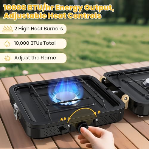 Camp Stove Propane, 2 Burner Folding Propane Camping Stove with Carrying Bag, Adjustable High Heat Burners & Piezo Push-Bu...