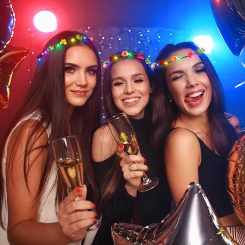 HONLYNE Valentines Day Gifts, 54 PCS New Year LED Flower Crowns Headbands, Light Up Flower Crowns For Women, Glow in the D...