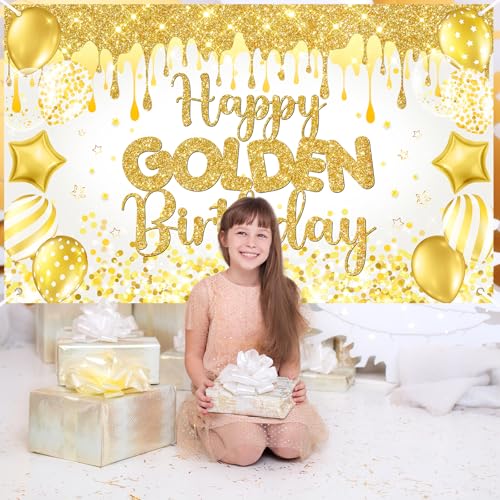 Mocsicka Happy Golden Birthday Backdrop Gold Shiny Glitter Balloons Golden Birthday Banner Party Decorations Photo Booth P...