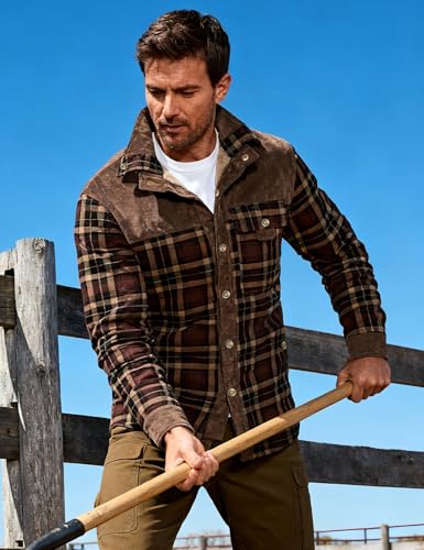 Flygo Men's Sherpa Lined Plaid Flannel Shirt Jacket Snap Button Warm Winter Jacket with Pockets