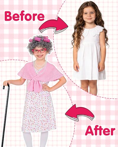 Vivrerizo Old Lady Costume for Kids - Grandma Costume for Girls 100 Days of School Funny Granny Dress Up Party Cosplay