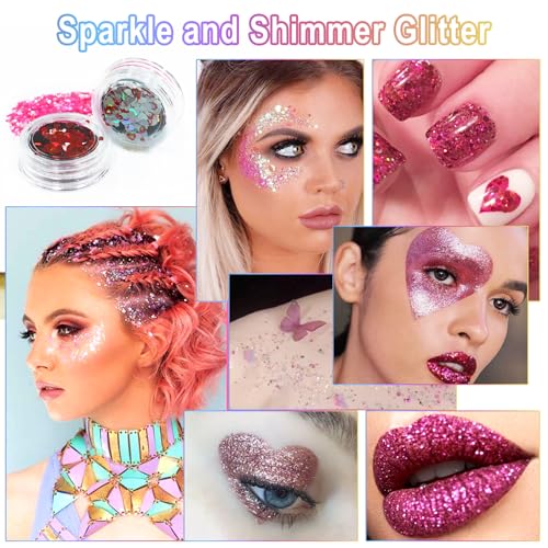 Laza 2 Jars Body Glitter for Valentine’s Day Hair Accessories Heart Glitter Chunky Sequins with Glitter Glue for Women Eye...