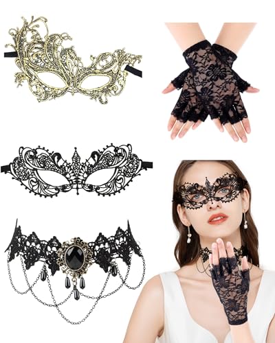 Quafochi 4pcs Masquerade Mask Set for Women – Gothic Choker, Gloves & Lace Masks, Adjustable & Lightweight for Halloween, ...