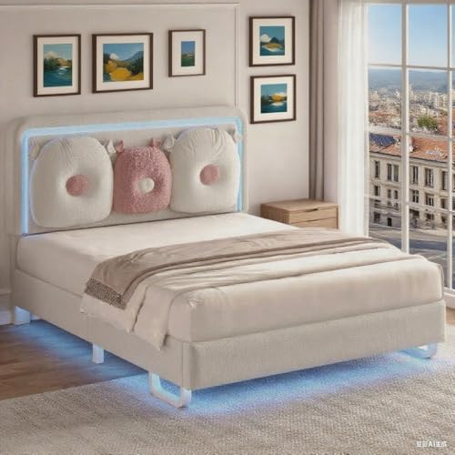 Bed Frame Queen with Boucle Upholstered Headboard, Girls Bed, Solid Wood Slats Support, Fully Upholstered Mattress Foundation/No Box Spring Needed/Easy Assembly, White Bed Frame Queen
