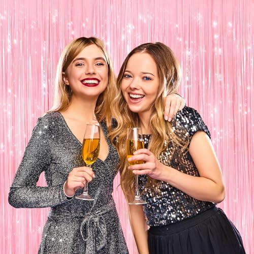 2 Pack Pastel Pink Metallic Tinsel Foil Fringe Curtains, Door Streamers Photo Booth Backdrop for Birthday Party, Tinsel Cu...