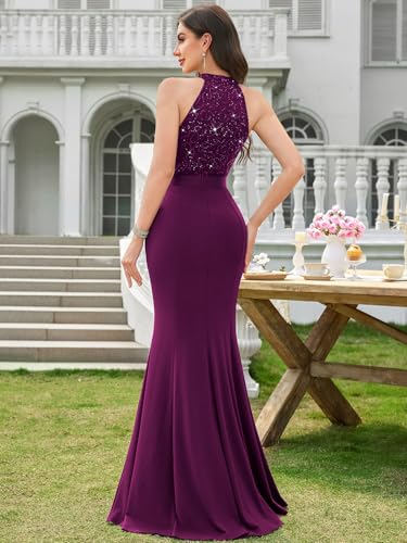 Miusol Women's Elegant Halter V-Neck Lace Sequin Pleated Formal Evening Maxi Dress