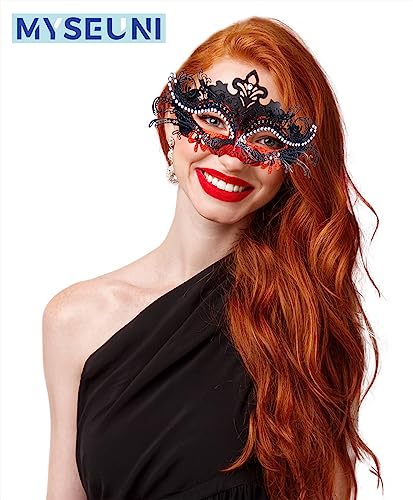 MYSEUNI 2025 Masquerade Masks for Couples, Shiny Rhinestone Metal Filigree Venetian Mask & Mens Venetian Mask for Mardi Gras