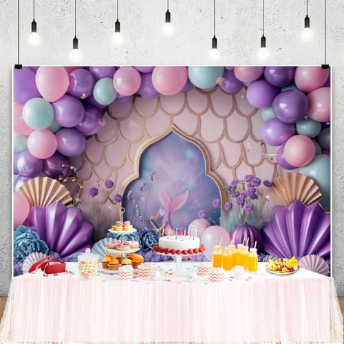 ChloropLastid 7x5ft Ocean Mermaid Backdrop Purple Balloons Sea Shell Starfish Princess Girls Birthday Party Decorations Gi...