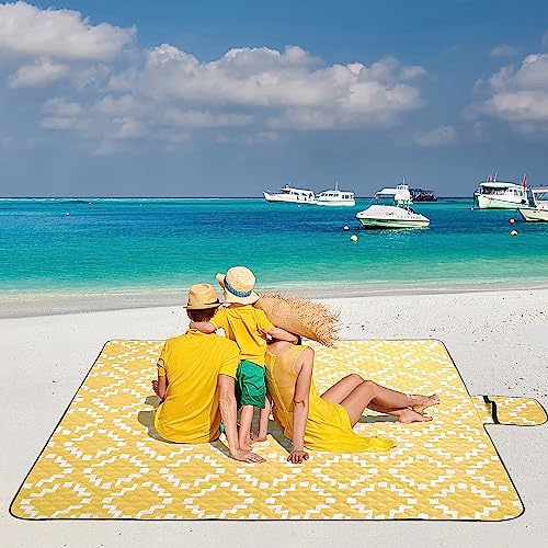 BGJOY Waterproof Sandproof Travel Blanket, Large Yellow Picnic Mat for 2-4 Adults, Lightweight Beach Blankets with Carry S...