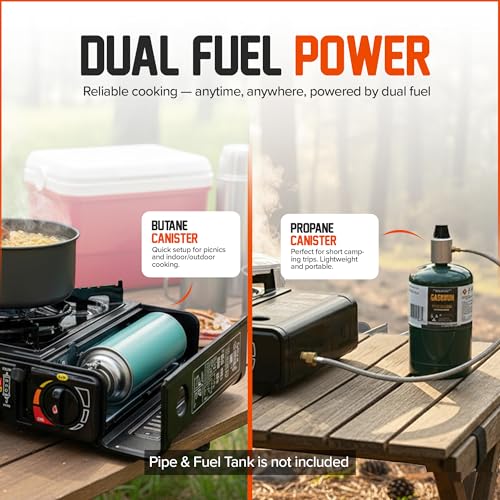 Portable Camping Stove with Plastic Suitcase 3000W Dual Fuel Compatable with Butane or Propane Fuel Tanks, Automatic Ignit...