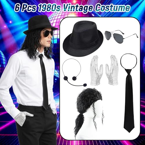 Pop Star Costume 6 Pcs Pop Rockstar Dance Costume Accessories Include Black Hat Glasses Tie Sequins Gloves Balck Curly Wig...