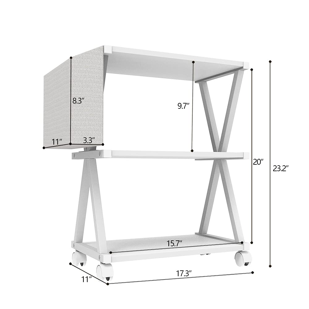 VEDECASA White Mobile Printer Stand 3 Tier Wood Shelf Metal Frame Printer Cart with Storage Bag for Home Office Modern Under Desk Table Side Printer Cart with Rolling Caster Wheel