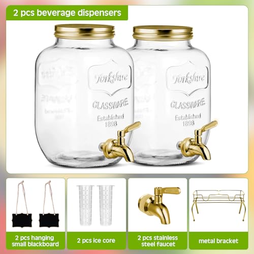 Lallisa 2 Pcs 2 Gallon Glass Drink Dispenser with Stand Ice Cylinder Hanging Chalkboard Signs 18/8 Stainless Steel Spigot ...