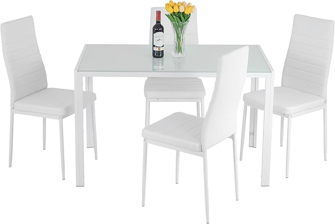 FDW | 5-Piece Dining Table Set | White | Glass Kitchen Table with 4 Upholstered Chairs and Faux Leather Cushions | Space-Saving and Modern Design | for Dining Room, Easy to Assemble