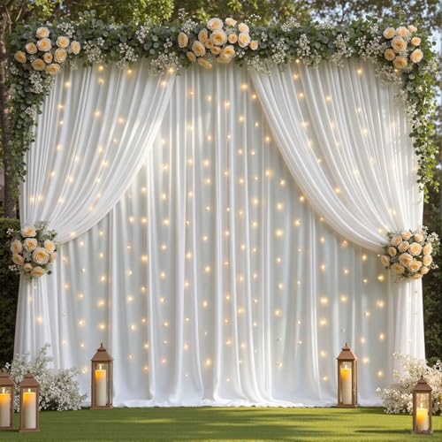 10 x 10 ft White Backdrop Curtains with Lights String for Wedding Polyester Photo Background Drapes White Wrinkle Free Sof...
