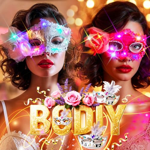 BODIY Light Up Masquerade Mask Halloween Black Venetian Masks Prom Costume Eye Mask for Women