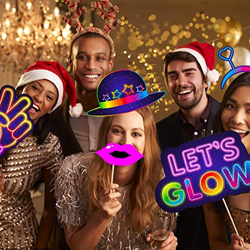 25pcs Glow Neon Photo Booth Props with Stick, Photo Props for Birthday Let's Glow Themed Neon Glow in The Dark Disco Black...