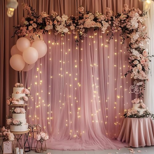 Xiomot Tulle Backdrop Curtain with Lights String 10FT X 10FT Dusty Rose Sheer Tulle Backdrop Curtains for Wedding Birthday...