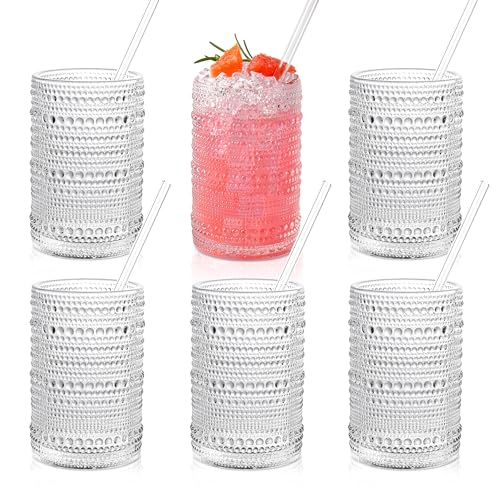 KMIGRUAN Hobnail Drinking Glasses with Straws 15oz Vintage Glassware Set of 6 Embossed Vintage Water Cups, Highball Glasse...