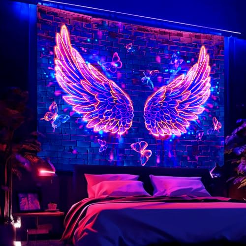 Manicer Blacklight Angel Wings Tapestry, UV Reactive Neon Wings Wall Hanging Tapestries, Fluorecent Butterfly Aesthetic Wa...