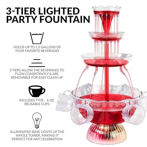 3-Tier Party Fountain Electric Drink Dispenser with LED Lighted Base Light-Up Flow Drink Fountain with 5 Reusable Cups 3L ...