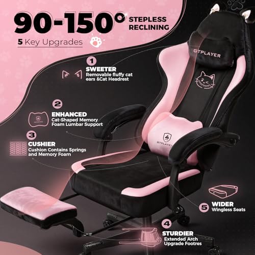 GTPLAYER Pink Gaming Chair Cute with Cat Ears Ergonomic Computer Chair with Cat Embroidery Adjustable Memory Foam Lumbar S...