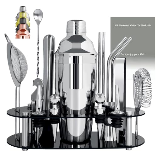 Cocktail Shaker Set Bartender Kit with Stand - 16 Piece Bar Tool Set Drink Mixer Set Includes : 25oz Shakers, Jigger, Stra...