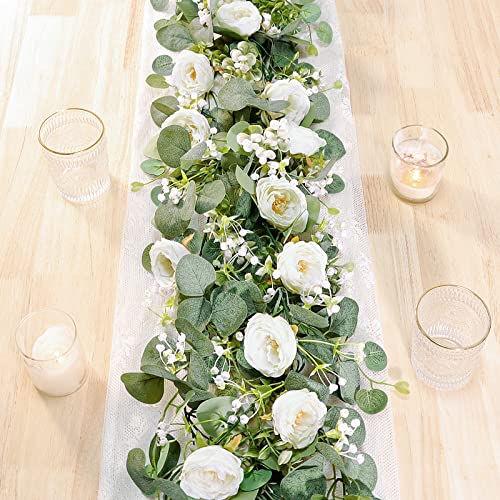 TOCHGREEN 2 Pack 13Ft Artificial Eucalyptus Flower Garland with White Roses, Fake Rose Flower Greenery Garland Floral Vine...