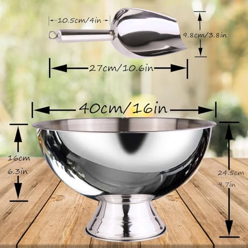 Large Ice Bucket 13L Stainless Steel Champagne Bowl Ice Bucket with Ice Scoop Semicircle Drink Tub with Integrated Base Si...