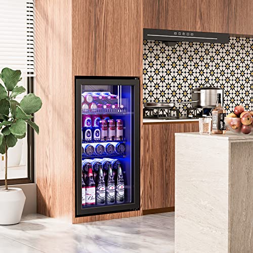 Manastin Beverage Refrigerator Cooler-120 Cans Freestanding Mini Fridge Cooler with Glass Door, Adjustable Shelves & Digit...