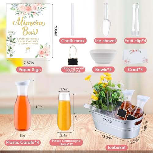 RimCereal 36 Pcs Mimosa Bar Supplies Includes Galvanized Tub 1L Carafe with Lid Champagne Glasses White Bowl Mimosa Bar Si...