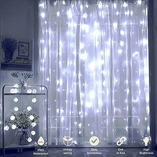 Oopswow 304L Curtain String Lights, 9.8ft x 9.8ft 8 Modes for Bedroom, Hanging Twinkle Fairy Plug-in Window Backdrop for C...