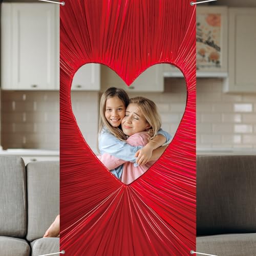 59" Large Valentine's Day Photo Booth Prop Heart-Shaped Cutout Backdrop Red Heart Selfie Frame Red Photo Background Fabric...