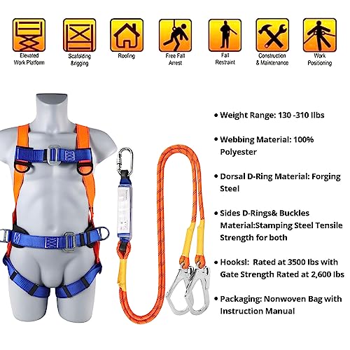 TT TRSMIMA Safety Harness Fall Protection Kit: Full Body Roofing harnesses with Shock Absorbing Lanyard - Updated Comforta...