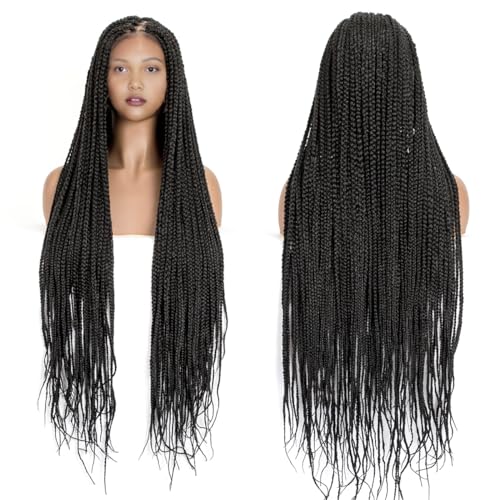originea DAIXI 26'' Single Full Lace Box Braided Wigs for Black Women, Full Hand-Knitted Square Parted Synthetic Braided Lace Wigs with Baby Hair (Square Partition, 1B)