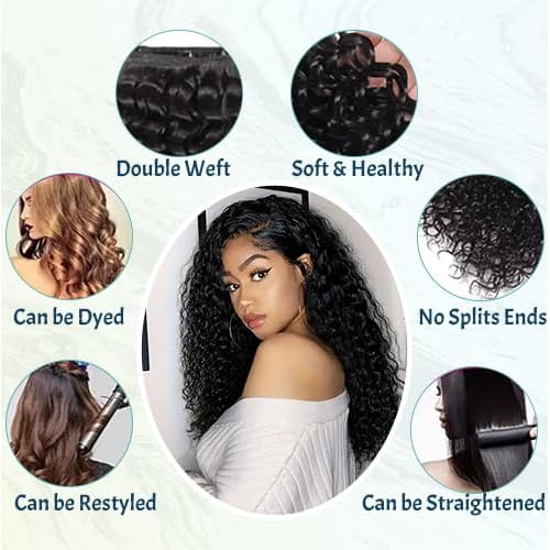 Deep Wave Human Hair Bundles 16 18 20 Inch Curly Human Hair 3 Bundles 100% Unprocessed Brazilian Virgin Deep Curly Bundles For Black Women Quick Weave Wet And Wavy Natural Black