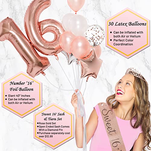 PartyHooman Sweet 16 Birthday Decorations Rose Gold With Sweet 16 Sash and Tiara Set, 2Pcs Backdrop, 25Pcs Pre-assembled P...