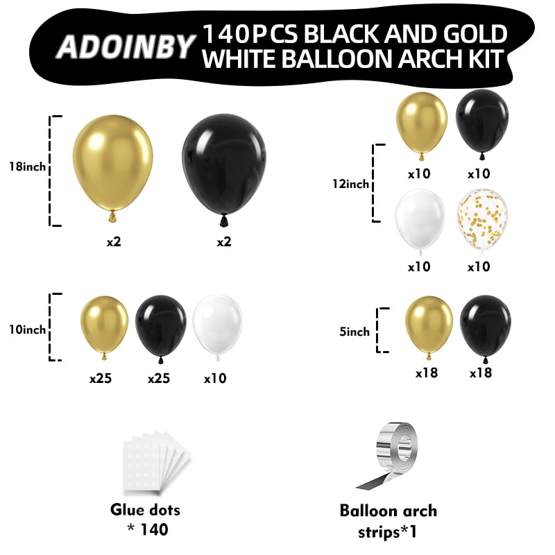 Black and Gold Balloon Arch Kit, ADOINBY 140Pcs Black White Metallic Gold Confetti Latex Balloons 18 12 10 5 Inch Differen...