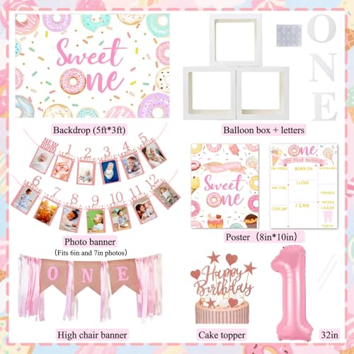 Daidle 1st Birthday Decorations for Girl, 128pcs Sweet One Birthday Party Decorations, Balloon Boxes, Party Backdrop, Phot...