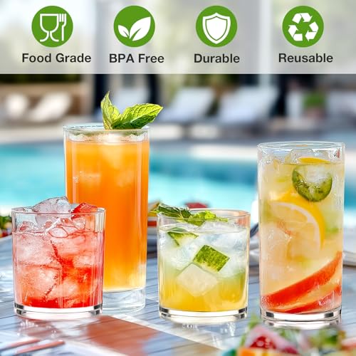 Plastic Drinking Glasses Set of 8, 14oz Rocks & 20oz Water Cups, Unbreakable Plastic Glasses Drinkware, Clear Kitchen Tumb...