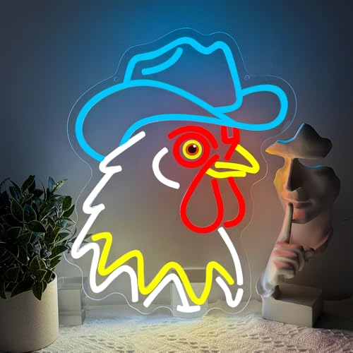 Cowboy Neon Sign,Rooster Dimmable LED Light Signs for Wall Art Decor,Chicken Backdrop for Bar Bedroom Club Party Man Cave ...