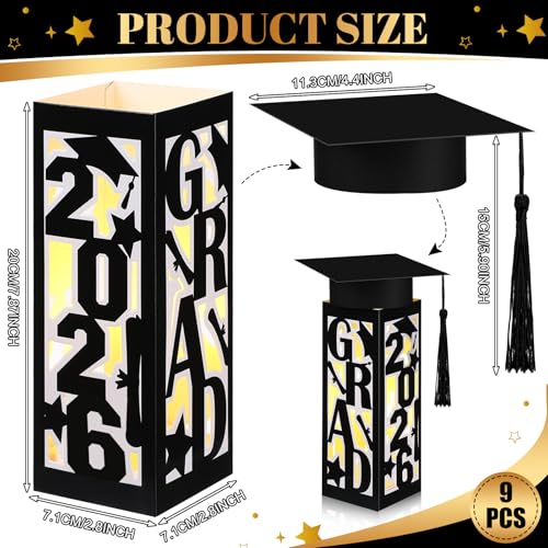 Tellingyou 9 Pcs Graduation Table Centerpieces Boxes 2026 Graduation Lantern Boxes with LED Light Small Cap Table Decorati...
