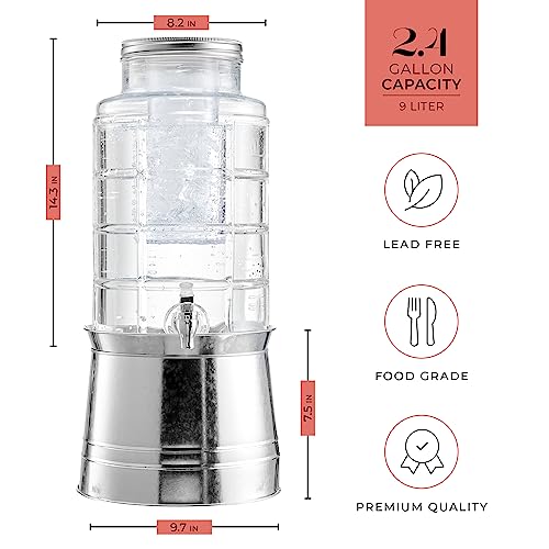 Style Setter Patchwork Beverage Dispenser Cold Drink Dispenser w/ 2.4-Gallon Capacity Glass Jug, Ice Insert, Fruit Infuse...