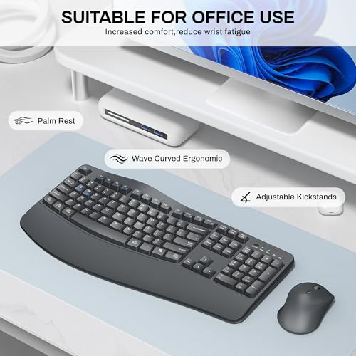 Wireless Keyboard and Mouse Combo,2.4G Full Size Wave Keys Ergonomic Keyboard with Wrist Rest for Natural Typing, 3 DPI Ad...