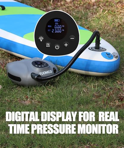 Tuomico Truely Portable Paddle Board Pump 25 PSI High Pressure Sup Air Pump,4 Minutes Fast Inflation, 74WH Rechargeable Ba...
