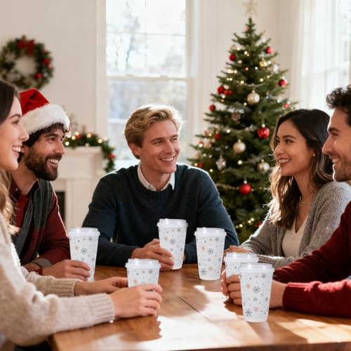 Foxtell 100 Pcs 16 oz Christmas Coffee Cups with White Lids Snowflake Disposable Paper Cups Bulk Insulated Hot Cocoa Cup f...