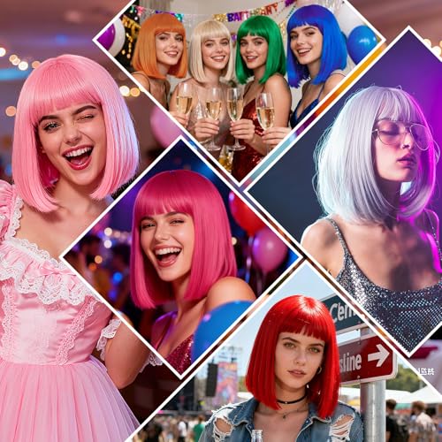 PLULON Short Light Purple Straight Bob Wig with Bangs, Shoulder Length Heat Resistant Synthetic Hair Bob Wigs with Heart S...