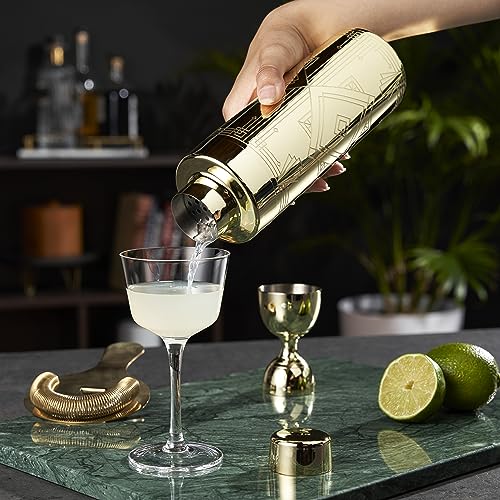 Viski Art Deco Gold Cocktail Shaker, 24 oz Etched Stainless Steel Shaker With Strainer & Gold Finish