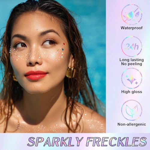Freckles Face Tattoo, All-in-One Holographic & Gold Glitter, Waterproof and Sweatproof Sparkle Speckles Patches, Festival ...