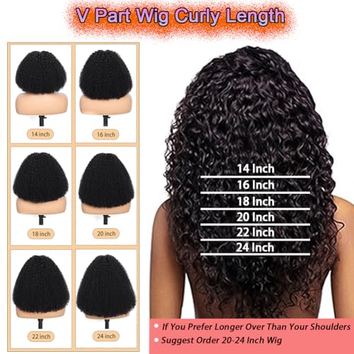V Part Wig Human Hair Kinky Curly Natural Black 16 Inch | Curly Human Hair Wig Upgrade U Part Human Hair Wigs for Black Women Glueless Wig Wear and Go 180 Density